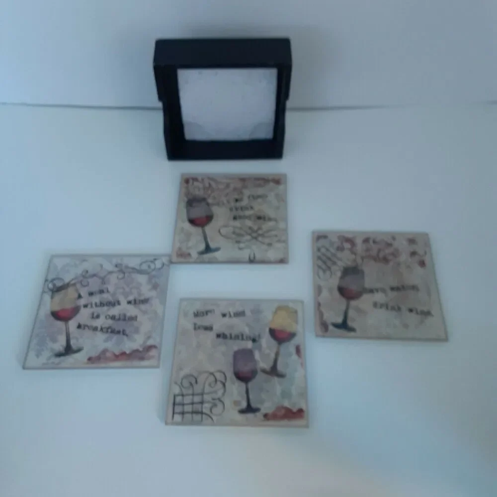 Novelty Glass Wine Graphic Coaster Set w/ Holder Whimsical & Fun 5pc